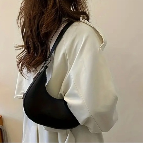 Black Crescent Moon Shoulder Bag | Faux Leather | Silver Hardware | NWT - Picture 2 of 9